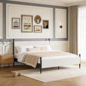 Garvee King Size Upholstered Bed Frame - with Velvet Headboard, Soft Corduroy Fabric Platform with Wooden Slats Support & Heavy Duty Feet, No Box Spring Needed, Noise Free, Easy Assembly, White - Image 9