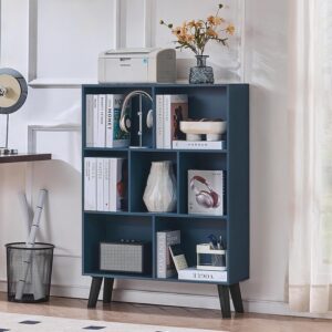 LEYAOYAO Cube Bookshelf 3 Tier Mid-Century Rustic Dark Blue Modern Bookcase with Legs,Retro Wood Bookshelves Storage Organizer Shelf,Freestanding Open Book Shelves for Bedroom,Living Room,Office - Image 9
