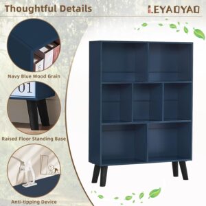 LEYAOYAO Cube Bookshelf 3 Tier Mid-Century Rustic Dark Blue Modern Bookcase with Legs,Retro Wood Bookshelves Storage Organizer Shelf,Freestanding Open Book Shelves for Bedroom,Living Room,Office - Image 4