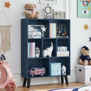 LEYAOYAO Cube Bookshelf 3 Tier Mid-Century Rustic Dark Blue Modern Bookcase with Legs,Retro Wood Bookshelves Storage Organizer Shelf,Freestanding Open Book Shelves for Bedroom,Living Room,Office - Image 5