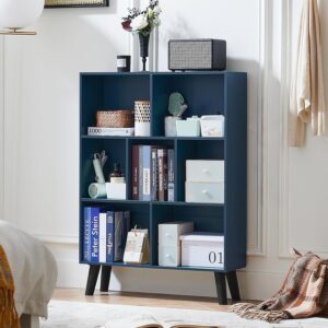 LEYAOYAO Cube Bookshelf 3 Tier Mid-Century Rustic Dark Blue Modern Bookcase with Legs,Retro Wood Bookshelves Storage Organizer Shelf,Freestanding Open Book Shelves for Bedroom,Living Room,Office - Image 6