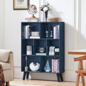 LEYAOYAO Cube Bookshelf 3 Tier Mid-Century Rustic Dark Blue Modern Bookcase with Legs,Retro Wood Bookshelves Storage Organizer Shelf,Freestanding Open Book Shelves for Bedroom,Living Room,Office - Image 7