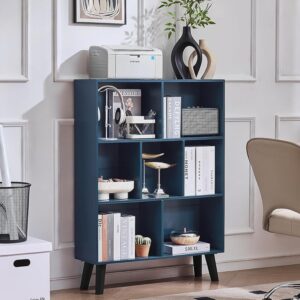 LEYAOYAO Cube Bookshelf 3 Tier Mid-Century Rustic Dark Blue Modern Bookcase with Legs,Retro Wood Bookshelves Storage Organizer Shelf,Freestanding Open Book Shelves for Bedroom,Living Room,Office - Image 8