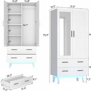 Hlivelood 2 Door Armoire Wardrobe Closet Cabinet with Mirror, Drawers and LED Lights, Multi-Tier Shelves, Hanging Rod & 2 Louver Doors, Large Capacity Storage Wardrobe Armoire for Bedroom, White - Image 3