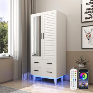 Hlivelood 2 Door Armoire Wardrobe Closet Cabinet with Mirror, Drawers and LED Lights, Multi-Tier Shelves, Hanging Rod & 2 Louver Doors, Large Capacity Storage Wardrobe Armoire for Bedroom, White - Image 4