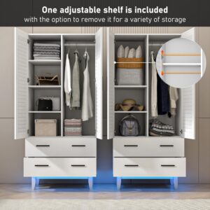 Hlivelood 2 Door Armoire Wardrobe Closet Cabinet with Mirror, Drawers and LED Lights, Multi-Tier Shelves, Hanging Rod & 2 Louver Doors, Large Capacity Storage Wardrobe Armoire for Bedroom, White - Image 5