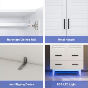 Hlivelood 2 Door Armoire Wardrobe Closet Cabinet with Mirror, Drawers and LED Lights, Multi-Tier Shelves, Hanging Rod & 2 Louver Doors, Large Capacity Storage Wardrobe Armoire for Bedroom, White - Image 6