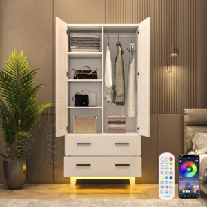 Hlivelood 2 Door Armoire Wardrobe Closet Cabinet with Mirror, Drawers and LED Lights, Multi-Tier Shelves, Hanging Rod & 2 Louver Doors, Large Capacity Storage Wardrobe Armoire for Bedroom, White - Image 7