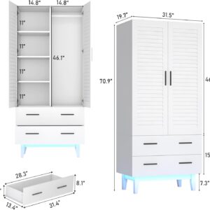 Hlivelood 2 Door Armoire Wardrobe Closet Cabinet with Mirror, Drawers and LED Lights, Multi-Tier Shelves, Hanging Rod & 2 Louver Doors, Large Capacity Storage Wardrobe Armoire for Bedroom, White - Image 8