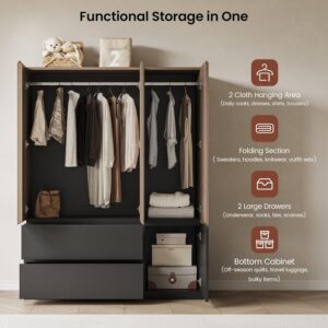 71" Wardrobe Armoire Closet with Mirror & 2 Drawers, Freestanding 3-Door Wooden Closet with 2 Hanging Rods, Steel Ball Slides, Compact Storage Cabinet for Bedroom, Rental, Apartment, Dorm - Image 3