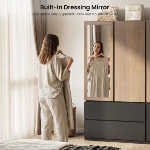 71" Wardrobe Armoire Closet with Mirror & 2 Drawers, Freestanding 3-Door Wooden Closet with 2 Hanging Rods, Steel Ball Slides, Compact Storage Cabinet for Bedroom, Rental, Apartment, Dorm - Image 4