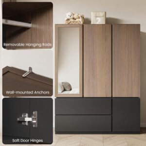 71" Wardrobe Armoire Closet with Mirror & 2 Drawers, Freestanding 3-Door Wooden Closet with 2 Hanging Rods, Steel Ball Slides, Compact Storage Cabinet for Bedroom, Rental, Apartment, Dorm - Image 7
