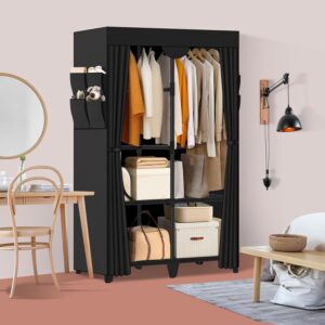 Wardrobe Closet, Quick and Easy Assembly, Black Portable Closet with 2 Hanging Rods 4 Storage Shelves and 8 Side Pockets, Sturdy and Stable Clothes Rack with Cover, for Bedroom and Dormitory - Image 2