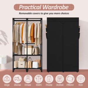 Wardrobe Closet, Quick and Easy Assembly, Black Portable Closet with 2 Hanging Rods 4 Storage Shelves and 8 Side Pockets, Sturdy and Stable Clothes Rack with Cover, for Bedroom and Dormitory - Image 6