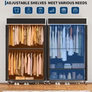 Heavy Duty Clothes Rack with Cover, 485LBS Capacity, Portable Closet Wardrobe on Wheels, Carbon Steel, Dustproof, Tool-Free Assembly, Clothes Racks for Hanging Clothes, for Bedroom, Laundry, Storage - Image 5