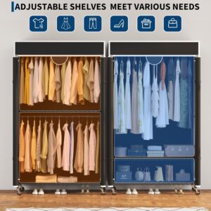 Heavy Duty Clothes Rack with Cover, 485LBS Capacity, Portable Closet Wardrobe on Wheels, Carbon Steel, Dustproof, Tool-Free Assembly, Clothes Racks for Hanging Clothes, for Bedroom, Laundry, Storage - Image 8