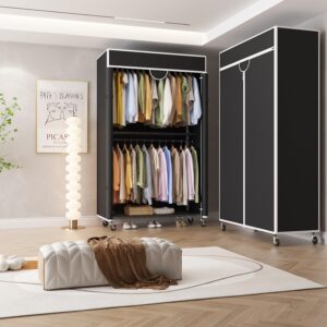 Heavy Duty Clothes Rack with Cover, 485LBS Capacity, Portable Closet Wardrobe on Wheels, Carbon Steel, Dustproof, Tool-Free Assembly, Clothes Racks for Hanging Clothes, for Bedroom, Laundry, Storage - Image 9