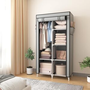 ROJASOP Portable Closet Wardrobe Closet for Hanging Clothes with 6 Storage Shelves, 1 Hanging Rod and 4 Pockets, Clothes Organizer and Storage Wardrobe Free Standing Closet for Bedroom, Grey - Image 2