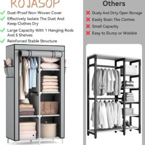 ROJASOP Portable Closet Wardrobe Closet for Hanging Clothes with 6 Storage Shelves, 1 Hanging Rod and 4 Pockets, Clothes Organizer and Storage Wardrobe Free Standing Closet for Bedroom, Grey - Image 3