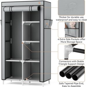 ROJASOP Portable Closet Wardrobe Closet for Hanging Clothes with 6 Storage Shelves, 1 Hanging Rod and 4 Pockets, Clothes Organizer and Storage Wardrobe Free Standing Closet for Bedroom, Grey - Image 6