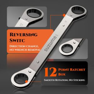 Offset Ratcheting Wrench Set, 10-Piece Metric & SAE (6–21mm, 1/4″–7/8″) Double Offset Reversible Box End, 25° for Tight Engine Bay Repairs, Rolling Pouch - Image 4