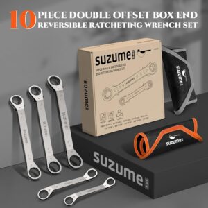 Offset Ratcheting Wrench Set, 10-Piece Metric & SAE (6–21mm, 1/4″–7/8″) Double Offset Reversible Box End, 25° for Tight Engine Bay Repairs, Rolling Pouch - Image 6