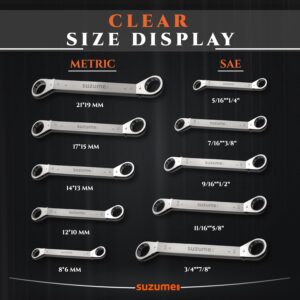 Offset Ratcheting Wrench Set, 10-Piece Metric & SAE (6–21mm, 1/4″–7/8″) Double Offset Reversible Box End, 25° for Tight Engine Bay Repairs, Rolling Pouch - Image 7