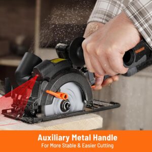 DOVAMAN Circular Saw, 5.8A 4-1/2" Circular Saw w/Laser, Metal Auxiliary Handle, 6 Blades (4½", 4¾"), Cutting Depth 1-11/16" (90°), 1-3/8" (45°), Ideal for Wood, Soft Metal, Plastic, Tile - MCS01A - Image 4