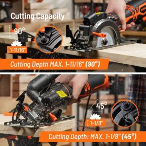 DOVAMAN Circular Saw, 5.8A 4-1/2" Circular Saw w/Laser, Metal Auxiliary Handle, 6 Blades (4½", 4¾"), Cutting Depth 1-11/16" (90°), 1-3/8" (45°), Ideal for Wood, Soft Metal, Plastic, Tile - MCS01A - Image 5