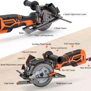 DOVAMAN Circular Saw, 5.8A 4-1/2" Circular Saw w/Laser, Metal Auxiliary Handle, 6 Blades (4½", 4¾"), Cutting Depth 1-11/16" (90°), 1-3/8" (45°), Ideal for Wood, Soft Metal, Plastic, Tile - MCS01A - Image 8