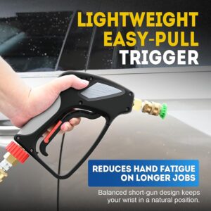 TOOLCY Pro Short Pressure Washer Gun 5000 PSI with 360° Swivel,3/8" Quick Connect Inlet, Power Washer Gun with 1/4" Quick Connect Outlet, Includes 3/8" QC to M22-14mm Adapter & 5 Nozzle Tips - Image 6