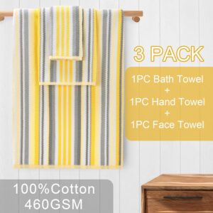 Bath Towels with Hanging Loops, 3PC Striped Towels - 100% Cotton, Quick Dry, Soft, Absorb & Lightweight, 1 Bath 28"x52", 1 Hand 16"x27", 1 Washcloth 13"x13", Shower Towel Decorative Set, Yellow + Gray - Image 3