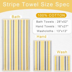 Bath Towels with Hanging Loops, 3PC Striped Towels - 100% Cotton, Quick Dry, Soft, Absorb & Lightweight, 1 Bath 28"x52", 1 Hand 16"x27", 1 Washcloth 13"x13", Shower Towel Decorative Set, Yellow + Gray - Image 4