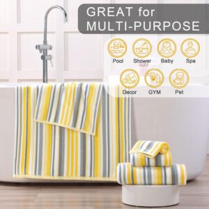 Bath Towels with Hanging Loops, 3PC Striped Towels - 100% Cotton, Quick Dry, Soft, Absorb & Lightweight, 1 Bath 28"x52", 1 Hand 16"x27", 1 Washcloth 13"x13", Shower Towel Decorative Set, Yellow + Gray - Image 5