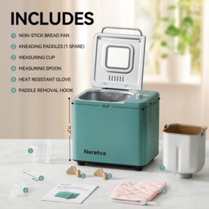 Neretva Bread Maker, 20-IN-1 2LB Bread Machine Dual Heater Bread Maker Machine Automatic with Nonstick Ceramic Pan, 15H Timer & 1H Keep Warm Set, Low Noise, Stainless Steel Breadmaker Recipe-Green - Image 8