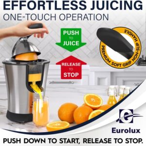 Eurolux Premium Electric Orange Juicer | Stainless Steel Citrus Squeezer With New Ultra-Powerful Motor and Soft Grip Handle for Effortless Juicing, Auto Shutoff, Dishwasher-safe Parts, Pulp Control - Image 3
