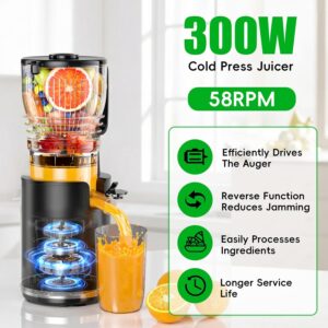 Juicer Machines, Cold Press Juicer with 5.8" Wide Feed Chute, 300W Slow Masticating Juicer for Whole Fruits & Vegetables, High Juice Yield, Easy to Clean, BPA Free Juice Extractor Machine - Image 3