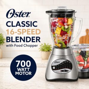 Oster Classic Series 16-Speed Blender with Food Chopper & 6-Cup Glass Jar, Countertop Kitchen Blender, Brushed Nickel - Image 2