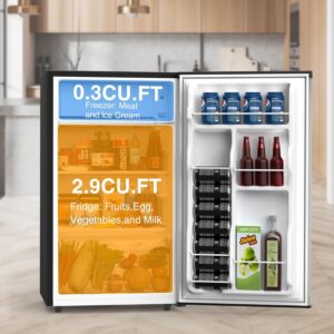 DUMOS 3.2 Cu.Ft Mini Fridge with Freezer, Single Door Refrigerator with Adjustable Thermostat, Compact Small Fridge for Bedroom, Office, Dorm, Silver Single Door - Image 3