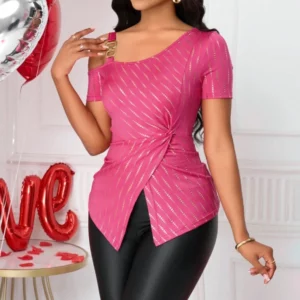Sexy One Shoulder Cutout Top - Hot Pink Going Out Tops for Women Party, Chic Twist Front Summer Shirt Clubwear Y2K Blouse - Image 3