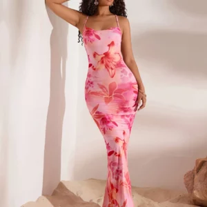 Women's Elegant Off-Shoulder Single-Shoulder Mermaid Dress, Pink Floral Print, Sleeveless A-Line Silhouette, Round Neck, Machine - Image 3
