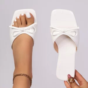 White Patent Leather Bow Knot Flat Sandals, Square Open Toe Slip On Slides, Lightweight Summer Footwear for Women - Image 8