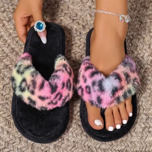 Fashion Leopard Print Fur Flip Flops Women Lightweight Soft Sole Plush Home Slippers Woman 2025 Comfort Clip Toe Flat Sandals - Image 5