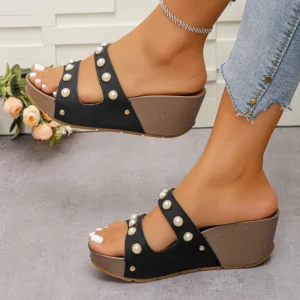 Pearl Decor White Wedge Sandals for Women 2026 Summer Thick Sole Platform Sandals Woman Plus Size 43 Non-slip Beach Slippers - Image 4