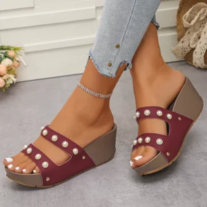 Pearl Decor White Wedge Sandals for Women 2026 Summer Thick Sole Platform Sandals Woman Plus Size 43 Non-slip Beach Slippers - Image 5