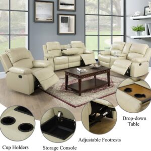 Bonded Leather Living Room Furniture Set Reclining Sofa Set Loveseat Furniture Sets in Living Room Sofa Recliners (3 Pieces, Beige) - Image 5