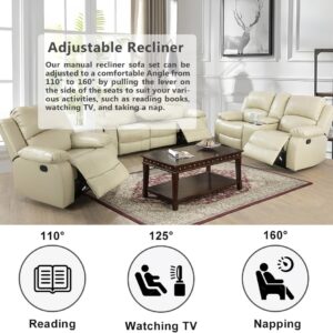 Bonded Leather Living Room Furniture Set Reclining Sofa Set Loveseat Furniture Sets in Living Room Sofa Recliners (3 Pieces, Beige) - Image 6