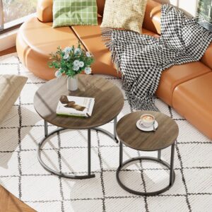 aboxoo Coffee Table Nesting Side Round Table Set of 2 End Table with Sturdy Metal Frame for Living Room Bedroom Apartment Modern Industrial Simple Nightstand,Oak - Image 2