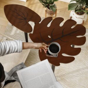BAMEOS Monstera Leaf Nesting Tables Set of 2, Small Side Tables f Set with Leaf Vein Pattern, Modern Wooden CoffeeTables for Living Room Bedroom Apartment Balcony Yard - Image 4