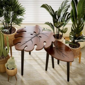 BAMEOS Monstera Leaf Nesting Tables Set of 2, Small Side Tables f Set with Leaf Vein Pattern, Modern Wooden CoffeeTables for Living Room Bedroom Apartment Balcony Yard - Image 5